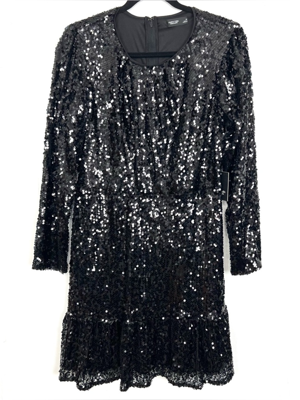 Simply Vera Wang Black Sequin Dress Long Sleeve Ruffle Medium NWT Party Cocktail - Picture 1 of 6